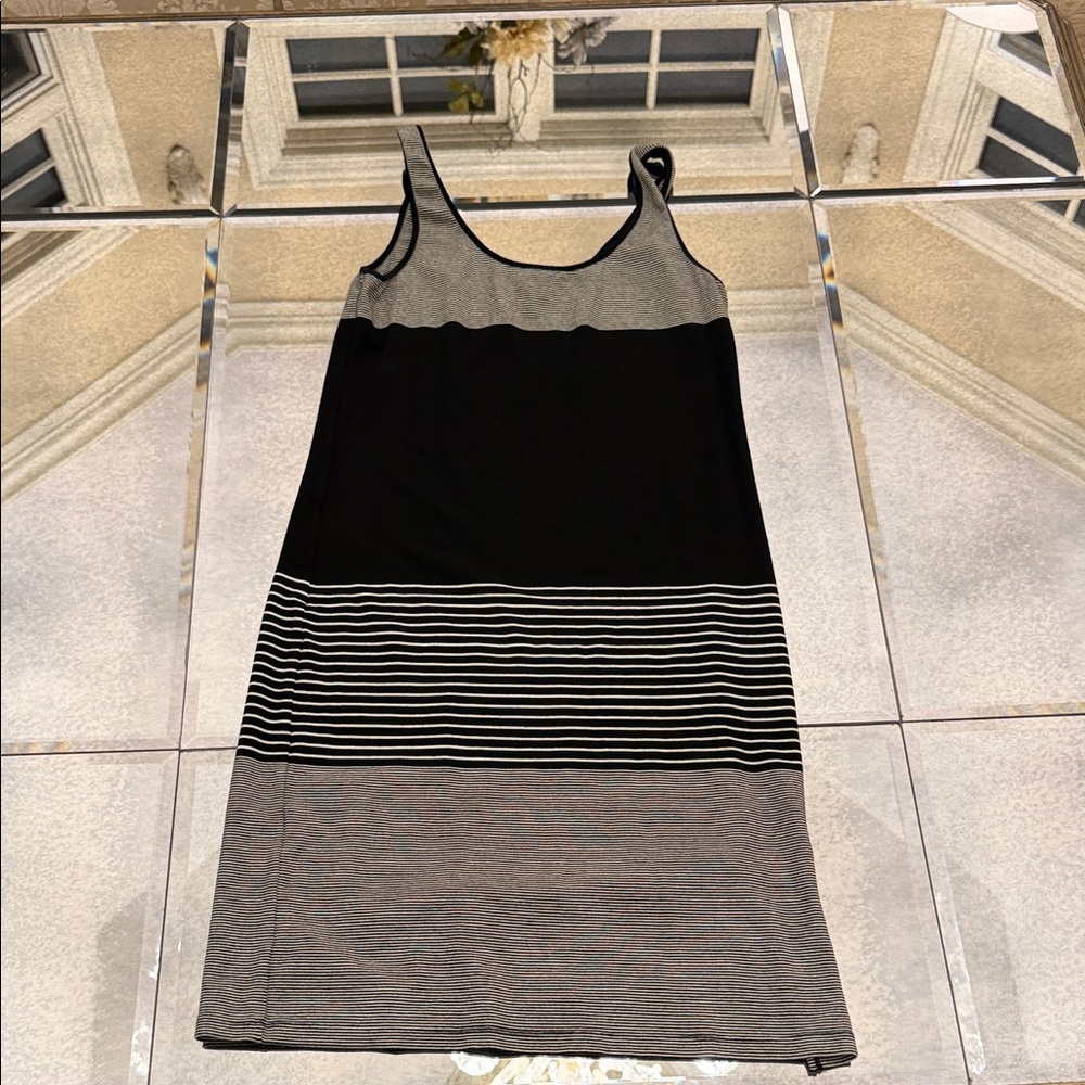 Theory Black and Gray Striped Midi Dress